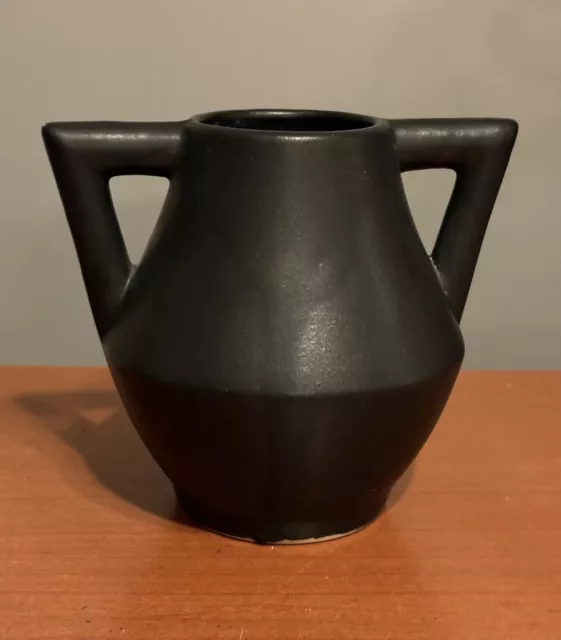 1920s Vtg 1930s Art Deco Pottery Vase 6" Black Matte Glaze Geometric Handles