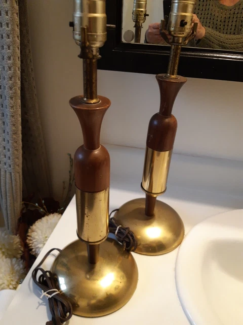 MID CENTURY Pair Table Lamp Lights MCM Danish BulletStyle Brass & Wood Works 17"