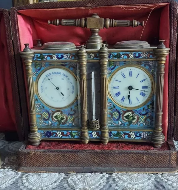 Antique French Champleve Enamel Combinatio Carriage Clock Barometer Compass 1895