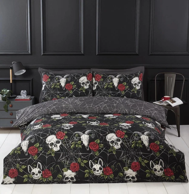 Halloween Cubierta de edredón Calaveras y Rosas Negro y Gris Edredón Ropa de cama Conjunto Doble