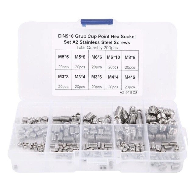200pz DIN916 Acciaio inox M3 M4 M5 M5 M6 M6 M8 Kit di viti a brugola