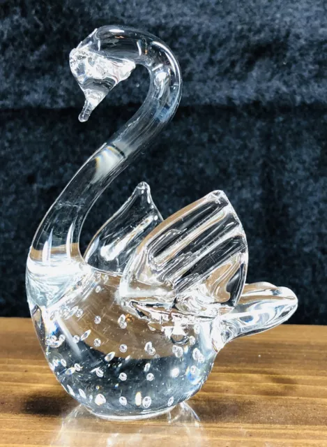 Clear Art Glass Swan Figurine Paperweight Bullicante Controlled Bubbles