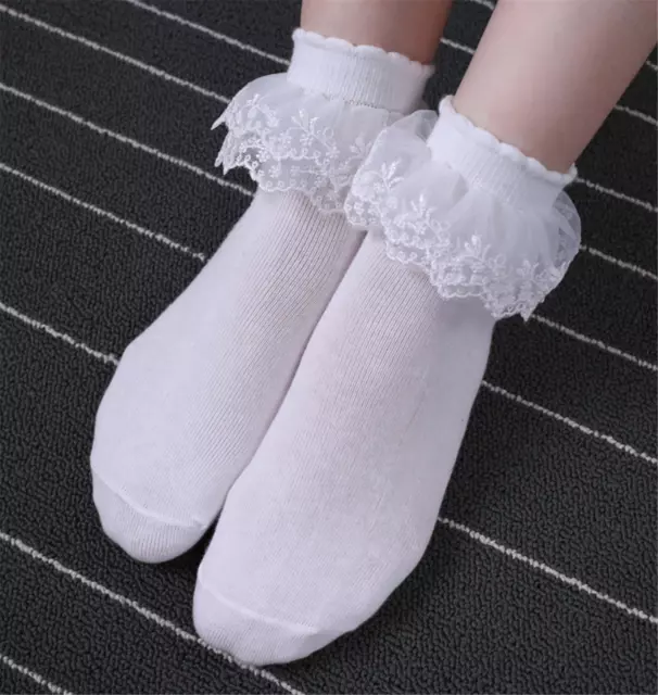 Lady Women Girl Retro White Fancy Ankle Ruffle Frilly Short Lace Cotton Socks 3