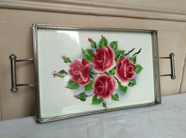 Plateau Art Déco Vintage Peint à La Main - Décor De Roses Sur Verre