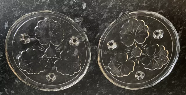 2 x Vintage Clear Glass Clover Leaf Patterned Cake Stands / Trivets