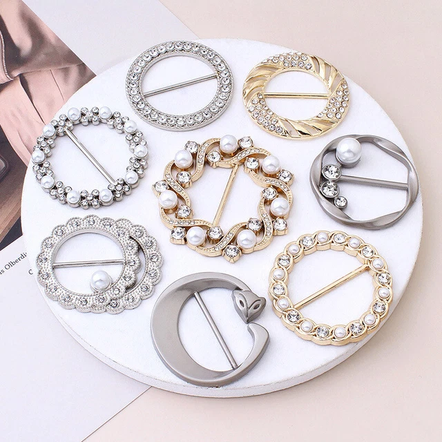 Women Scarf Tie Buckle Ring Metal T-Shirt Pearl Rhinestone Clips Brooch Pin 67US
