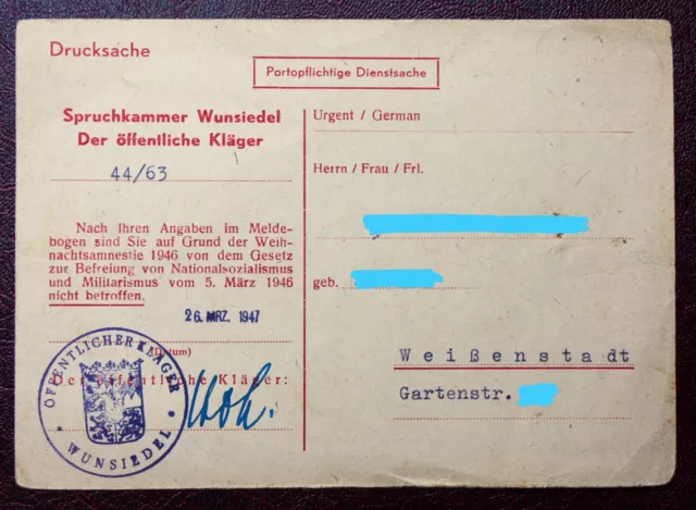 Weissenstadt 1947 / Spruchkammer Wunsiedel / Benachrichtigung Entnazifizierung