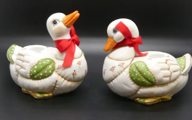 Set of 2 Vintage Geo Z Lefton Patchwork Christmas Geese Taper Candle Holders