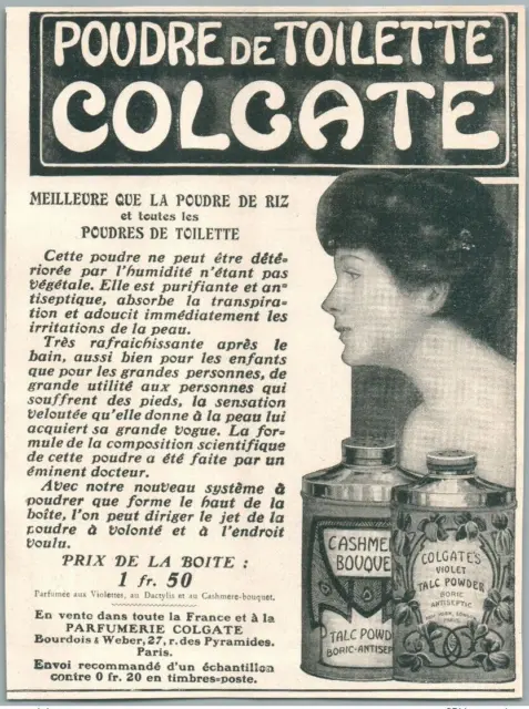 Colgate Poudre De Toilette Paris 1910 Publicite Ancienne Talc Powder Antique Ad