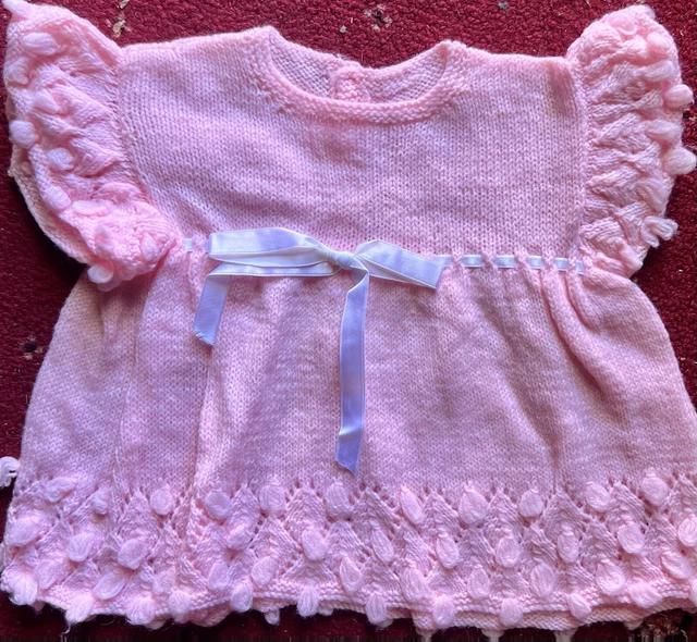 Vintage Baby Girls Knitted Pink Dress With Bow Age 0-6 Months