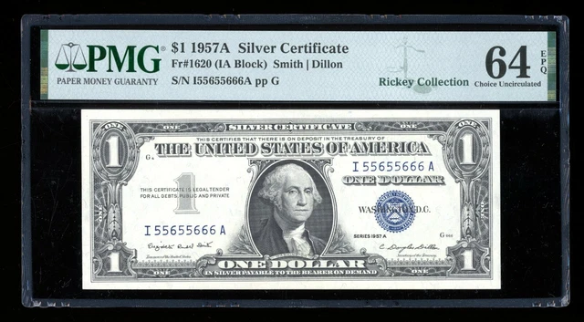 DBR $1 1957-A Silver Fr. 1620 IA Block PMG 64 EPQ Binary Serial I55655666A