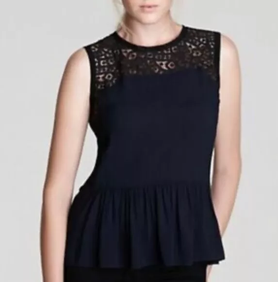 Rebecca Taylor Blouse Womens Small Black crepe and lace peplum top C8