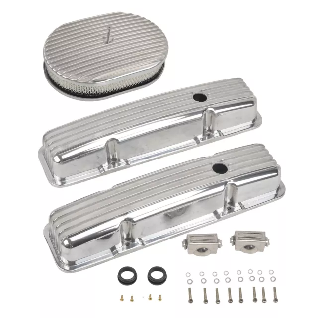 Aluminum Finned Short Valve Covers & 12" Air Cleaner Fit 1958-86 SBC Chevy 350