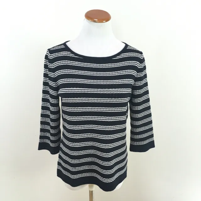 St. John Striped 3/4 Sleeve Knit Blouse Black White Wool Blend Women’s Sz Small