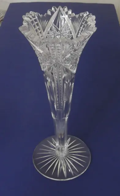 ABP 9-3/4" Brilliant Cut Glass Trumpet Vase - Hobstars, Thumbprints, Zipper Cuts
