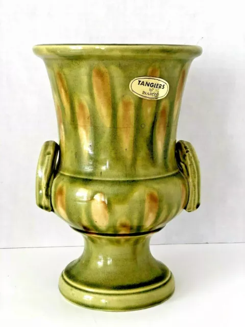 Vintage 2-handle Ceramic Inarco Vase Japan  olive hand-glazed Tangiers 2