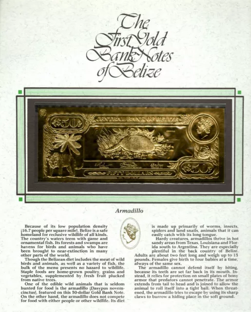 22kt Gold $50 Belize 1981 Banknote- ARMADILLO -RARE UNC