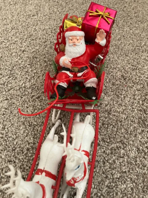 Vintage Mid Century Plastic Santa in Sleigh with Reindeer