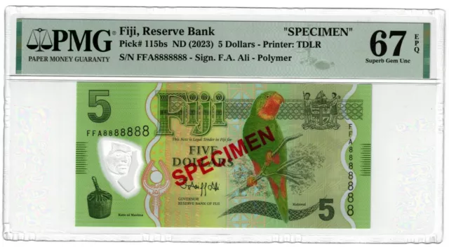 2023 Fiji P115 5 Dollar Banknote UNC Birds Flora Fauna Speimen PMG 67