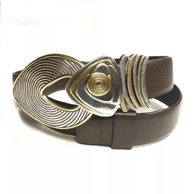 CHICOs Brown Leather Adjustable Silver & Brass Hook Buckle Belt - S/M