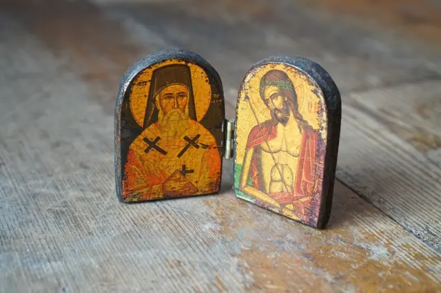 Vintage Wooden Diptych Orthodox Religious Wooden Icon Jesus