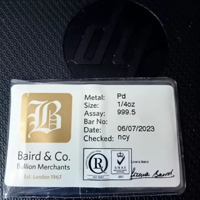 Barra di palladio 999,5 sigillata 1/4 oz da Baird & Co. certificata.