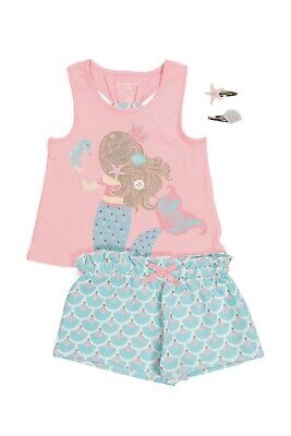 Tommy Bahama Girls S 5/6 Pink Mermaid Embellished Short Set & Top w/ Hair Clips