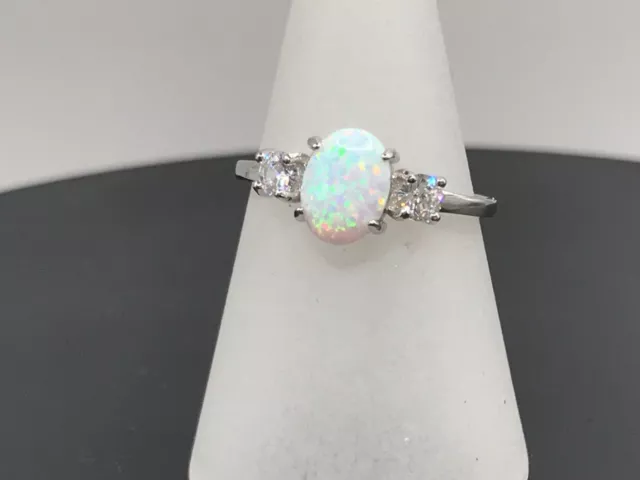 faux opal ring oval three stone, solid Sterling silver, new. Lab created.