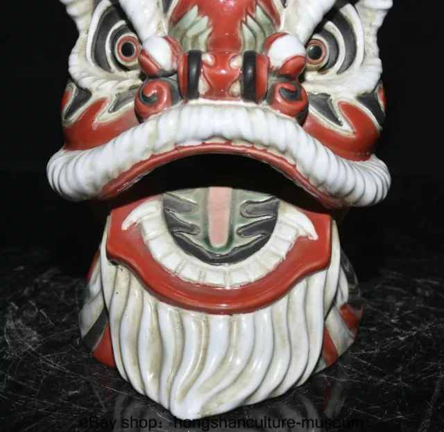 8.4 " Old Chinese Wucai Shiwan porcelain Carved Exquisite Lion Dance Head Statue 3