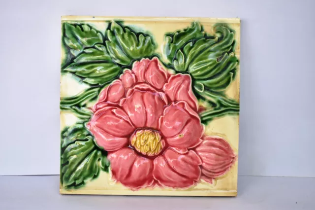 Antique Tile Art Nouveau Japan Majolica Rose Flower High Embossed Collectibles"