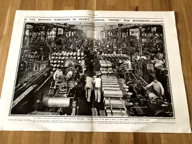 in the munition workshops of france  . ww1 double page print from the sphere !