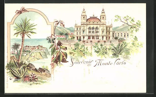 Lithographie Monte Carlo, vue partielle, Herrschaftliches Gebäude