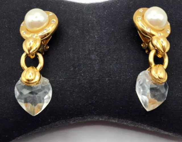 Vintage Nina Ricci 2 inch drop clip earrings faux pearl and glass hearts as is