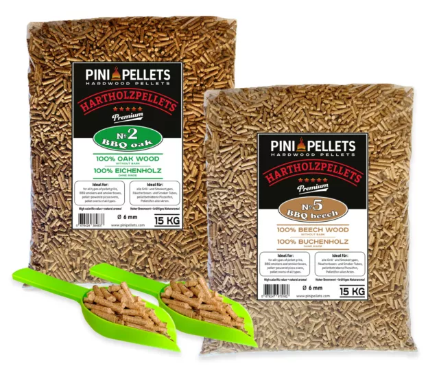 PINI Hartholz Pellets Eiche 15 Kg + Buche 15 Kg für Grill Smoker Pizzaofen