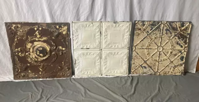 Lot of 3 Antique Tin Ceiling  2' x 2' Shabby Tile 24" SQ Chic VTG Crafts 67-23A