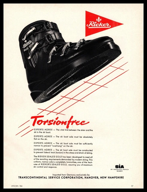 1965 Rieker "Torsion Free" German Ski Boots Hanover New Hampshire Print Ad