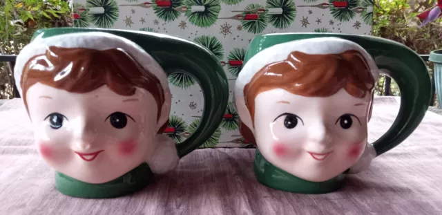 POTTERY BARN BOY ELF ELVES GREEN MUGS Set of 2 CHRISTMAS HOLIDAY