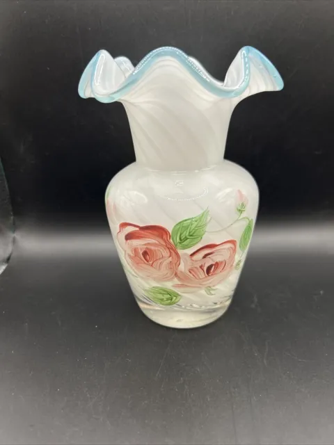 Opalescent Stripe Aqua Crest Ruffled Painted Roses Glass Vase Fenton Teleaflor
