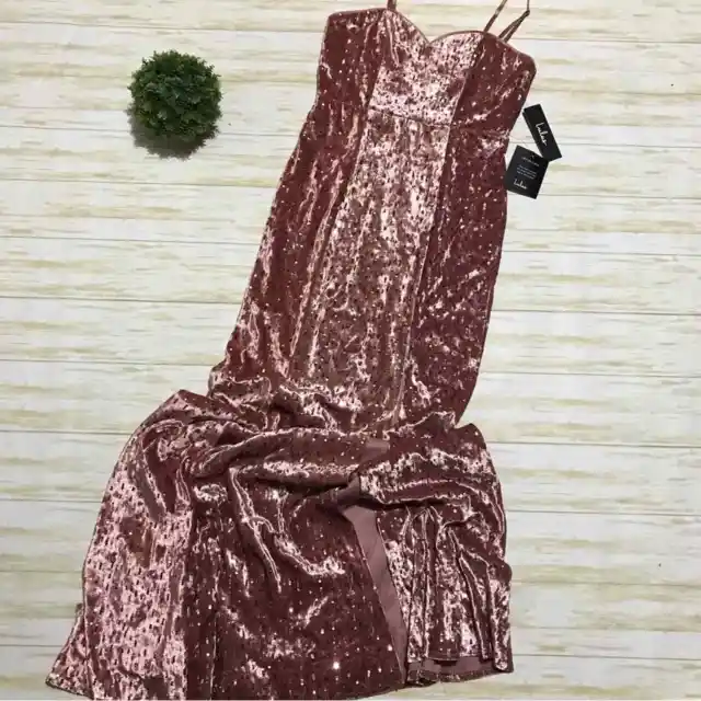Lulus NWT Blush Pink Velvet Sequin Slit Spaghetti Strap Formal Maxi Dress Small