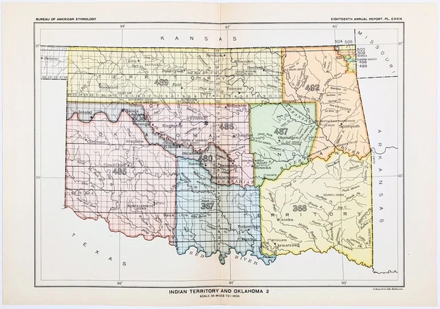 1899 Indian Territory Map Sioux Cherokee Choctaw Chickasaw Treaty Land Cessions