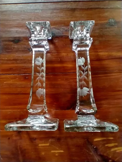 Vintage Pair Of Floral Etched Clear Glass Heavy Candlestick Holders, Beautiful