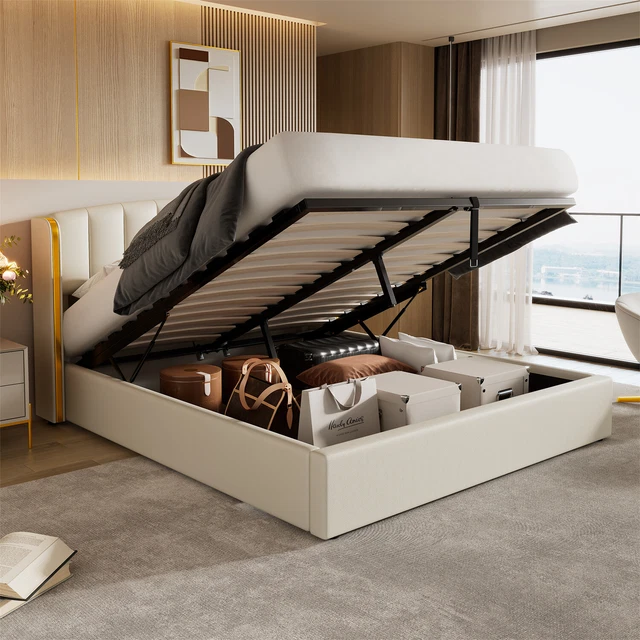 BESTWANTED Gas Lift Ottoman Storage Bed,5FT King Size Bed Frame With Storage, Ottoman Bed With LED Lights, Faux Leather, White - View #6