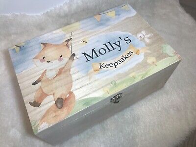 Personalised wooden fox keepsake box, memory box, gift box, baby box, gift