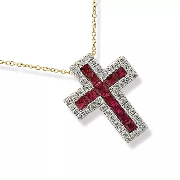 Pendentif Croix Rubis Et Diamants À Chaîne 750 or Jaune Valeur Neuf