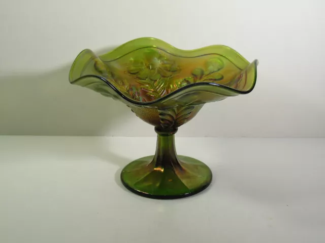 Marked Northwood Green Carnival Glass Compote - Rare "Fern" W/ Daisy & Plume