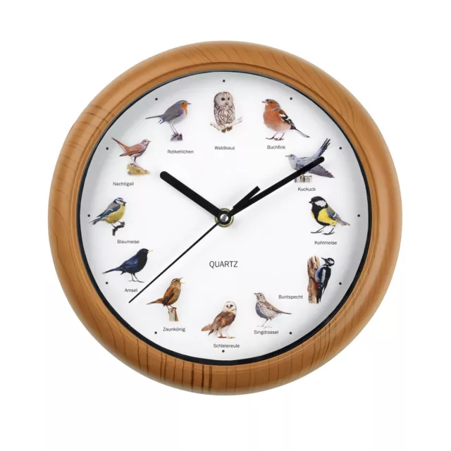 EASYmaxx Wanduhr mit Vogelstimmen Küchenuhr Quarz 250 mm Quartz Uhr 25cm rund