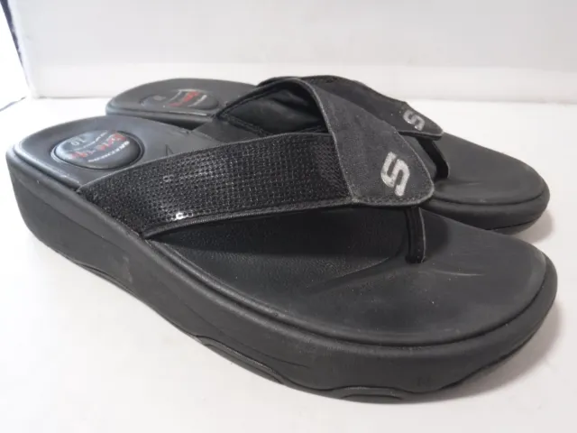 GA12 Skechers Womens Tone Ups Sandals Black Sequin Flip Flops Thongs Sz 10 / 40