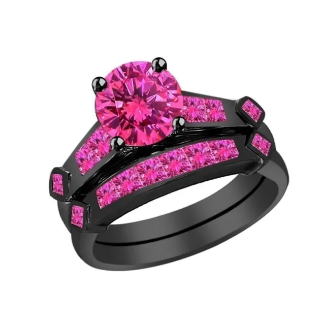 Lab Created 2,54 kt rosa runder Diamant Braut Set schwarz silber Verlobungsring