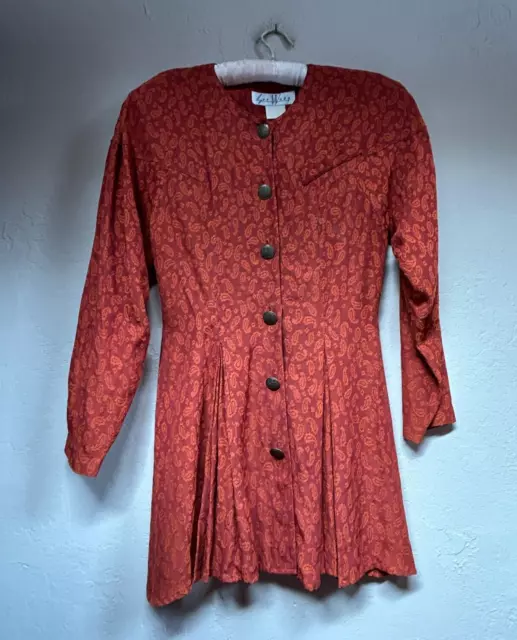 Vintage Sue Wong Womens Small Long Sleeve Paisley Lace Flowy Shirt Dress Rust