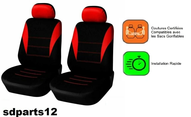 LOT DE 2 Housses de Siege Avant Tissu Noir Rouge Pour Renault Laguna